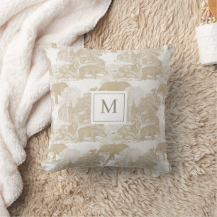 Boho Beige Animals Chinoiserie Baby Boy Monogram Throw Pillow