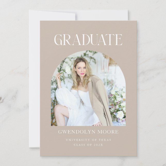 Boho Beige Arch Photo Graduation Announcement Card (Front)