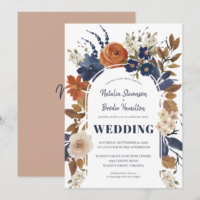 Boho Beige Blue Rust Floral Faire-part de mariage (Devant / Derrière)