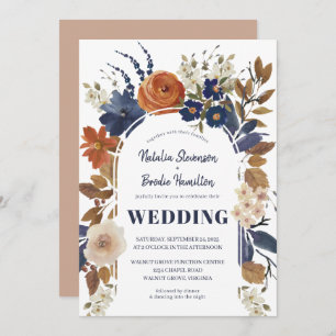 Boho Beige Blue Rust Floral Faire-part de mariage