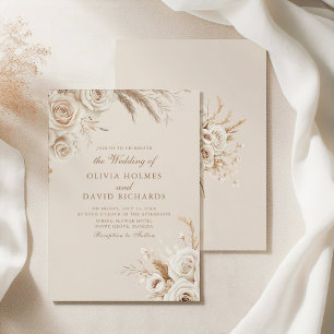 Boho Beige Dried Flower and White Roses Wedding Invitation
