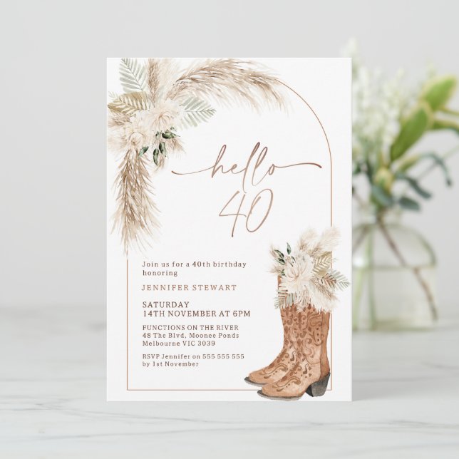 Boho Beige Floral Boots Hello 40th Birthday Invitation (Standing Front)