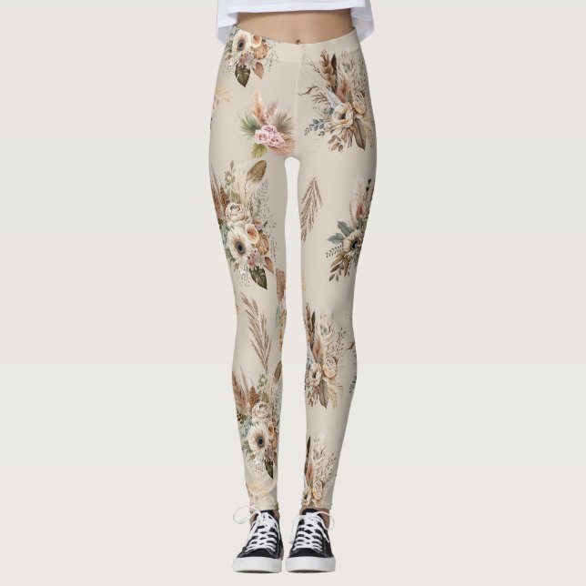 Boho Beige Floral Botanical Pink Green Flowers  Leggings (Front)