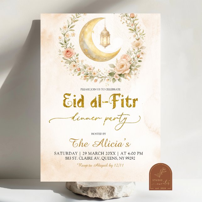 Boho Beige Floral Crescent Ramadan Eid Al-Fitr Invitation (Creator Uploaded)