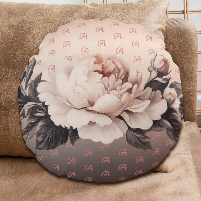 Boho Beige Floral Monogram Round Throw Pillow (Round beige rose pillow on a couch.)