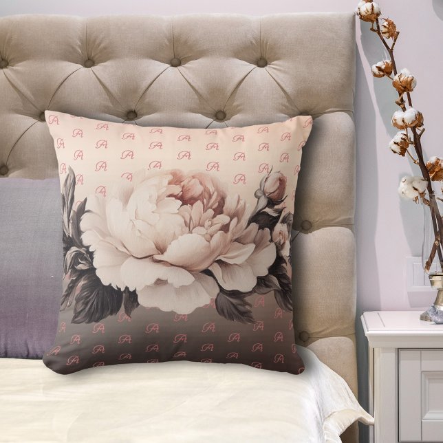 Boho Beige Floral Monogram Throw Pillow (Boho large rose pillow with letter monogram on a bed.)