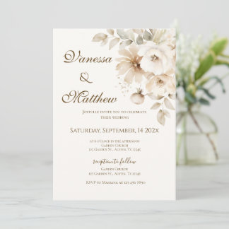 Boho beige floral wedding invitation