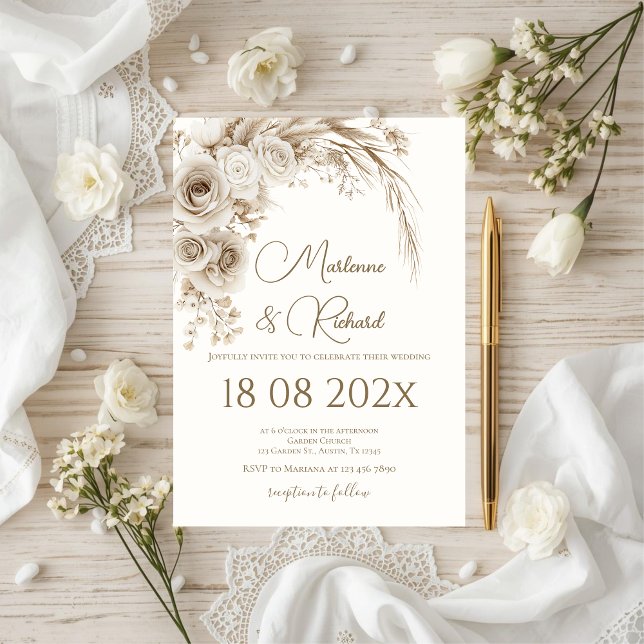 Boho beige floral wedding invitation (Creator Uploaded)