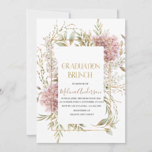 Boho  Beige Flowesr  gold watercolor graduation br Invitation (Front)