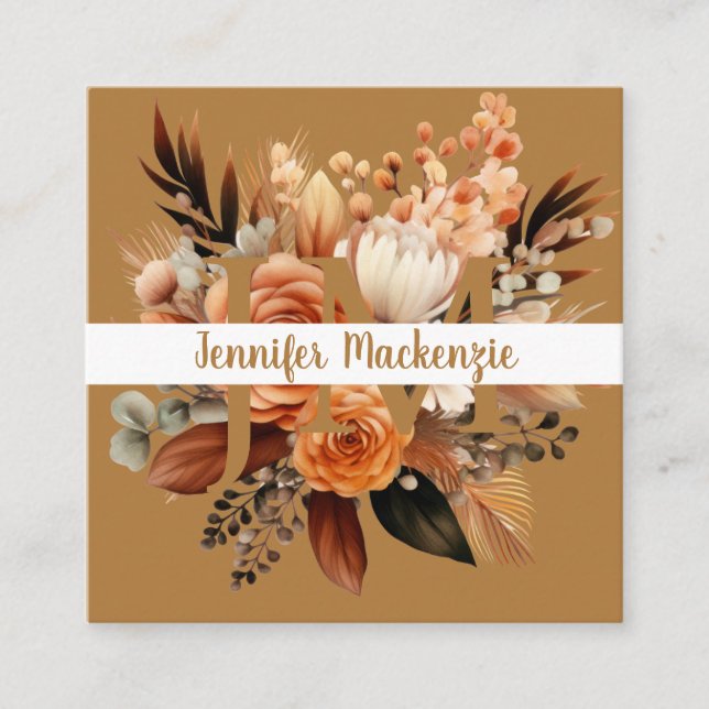 Boho Beige Gold Floral  Square Business Card (Front)