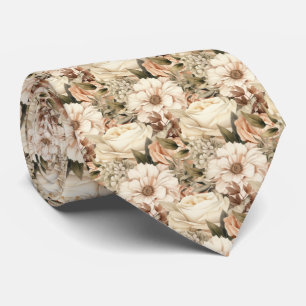 Boho Beige Gold White Roses Floral Neck Tie
