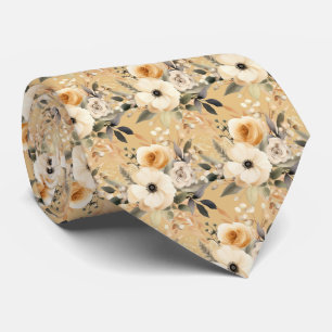 Boho Beige Gold White Roses Floral Neck Tie