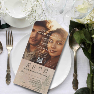 Boho Beige Green Abstract Photo QR Code Minimalist All In One Invitation