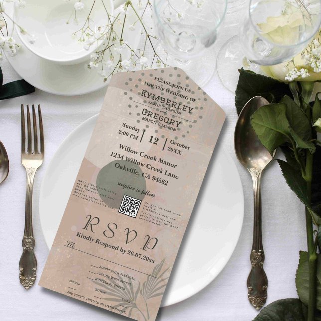 Boho Beige Green Abstract Shape QR Code Minimalist All In One Invitation (Creator Uploaded)
