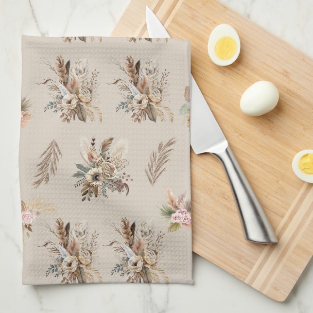 Boho Beige Green Pink Floral Botanical Leaves Kitchen Towel (Quarter Fold)