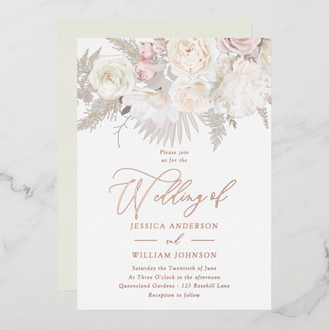 Boho Beige Ivory Blush Floral Wedding Rose Gold (Front/Back)