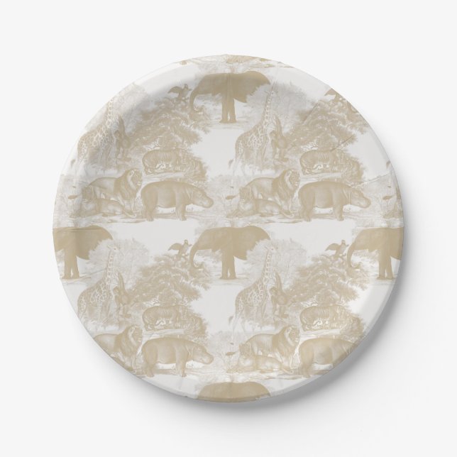 Boho Beige Jungle Animals Safari Chinoiserie Paper Plate (Front)