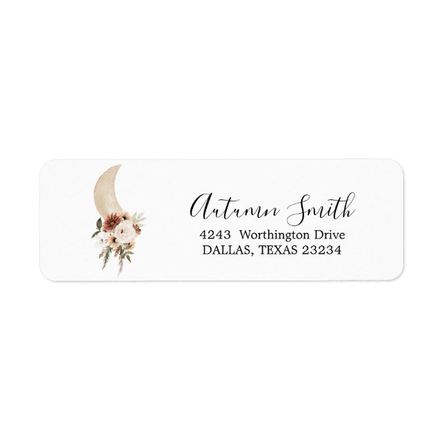 Boho Beige Moon Floral Baby Shower Address Label (Front)