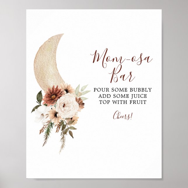 Boho Beige Moon Floral Baby Shower Mom-osa Bar Poster (Front)