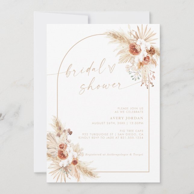 Boho Beige Pampas Grass Bridal Shower Invitation (Front)