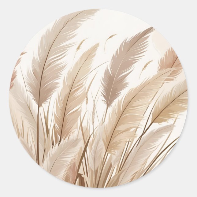 Boho Beige Pampas Grass Wedding Classic Round Sticker (Front)