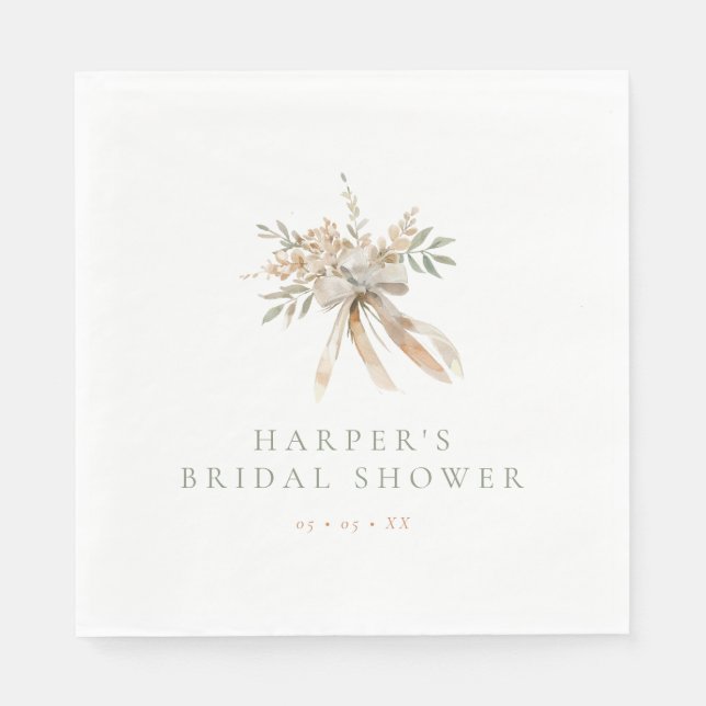 Boho Beige & Sage Flowers & Bow Bridal Shower Napkin (Front)