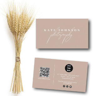Boho Beige Signature Script QR Code Social Media  Business Card