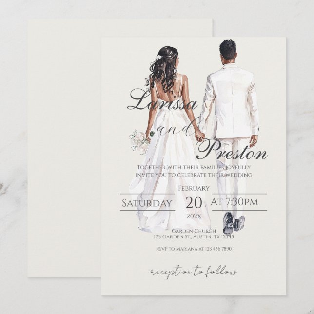 Boho beige with bride and groom wedding invitation (Front/Back)