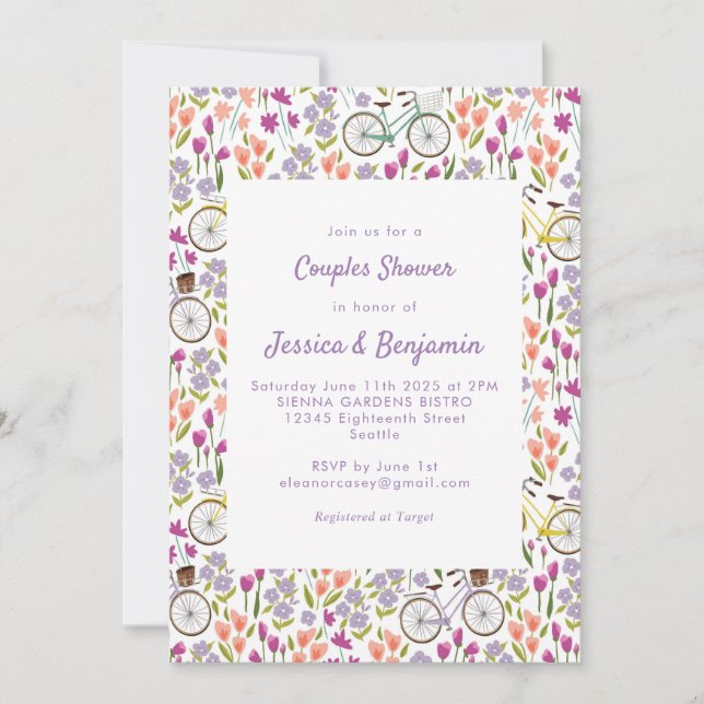 Boho Bicycle Floral Script Chic Couples Shower Invitation (Front)