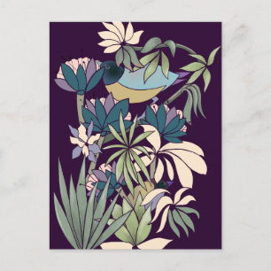 Boho bird flower garden purple postcard