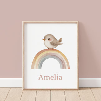 Boho Bird Rainbow With Baby Name Nursery Poster