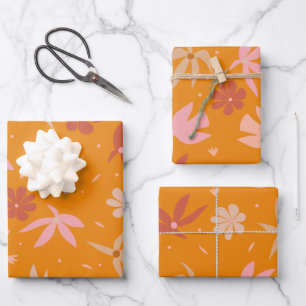 Boho Birds and Flowers Pattern in Orange and Pink Wrapping Paper Sheet