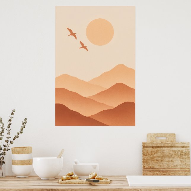 Boho Birds & Mountain Sun – Minimalist Nature Poster (Kitchen)