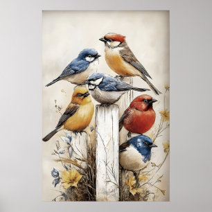Boho Birds On Fence Print, Bird Rustic Nursery Poster