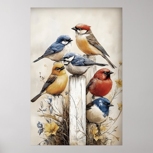 Boho Birds On Fence Print, Bird Rustic Nursery Poster (Front)