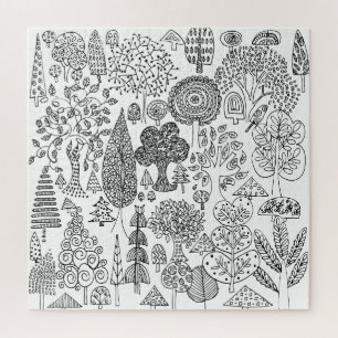 Boho Black and White Decorative Tree Patterned Jigsaw Puzzle