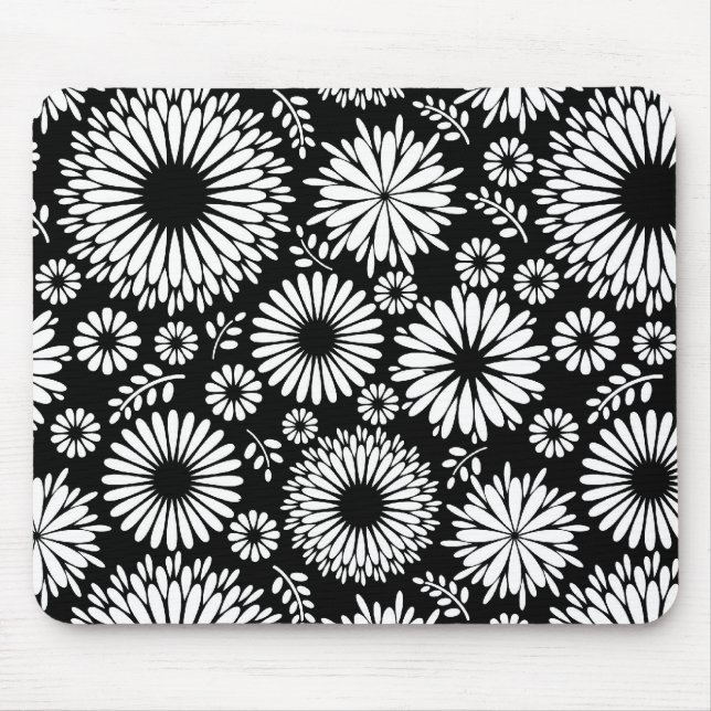 Boho Black and White Folk Flower Starburst Pattern Mouse Pad (Front)