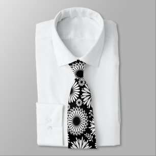 Boho Black and White Folk Flower Starburst Pattern Tie