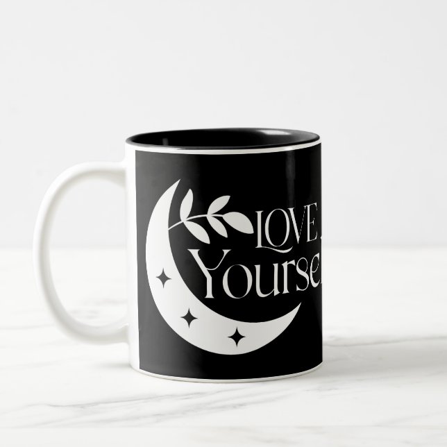 Boho Black and White Love Yourself Custom Photo  Two-Tone Coffee Mug (Left)