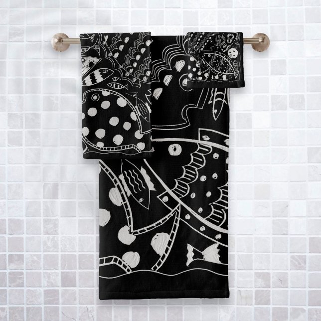 Boho Black And White Whimsical Fish Pattern  Bath Towel Set (Creator Uploaded)