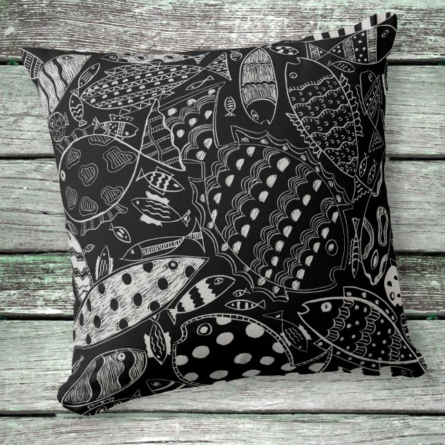 Boho Black And White Whimsical Fish Pattern  Throw Pillow (Creator Uploaded)