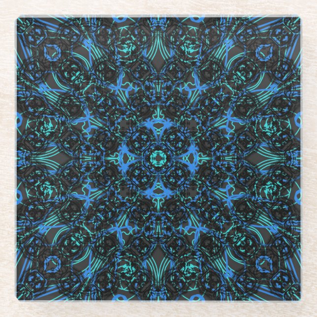 Boho Black & Blue Diamond Chains Layered Pattern Glass Coaster (Front)