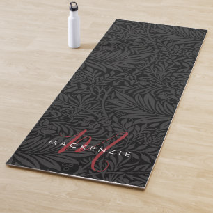 Boho Black Botanical Red Monogram Name Yoga Mat