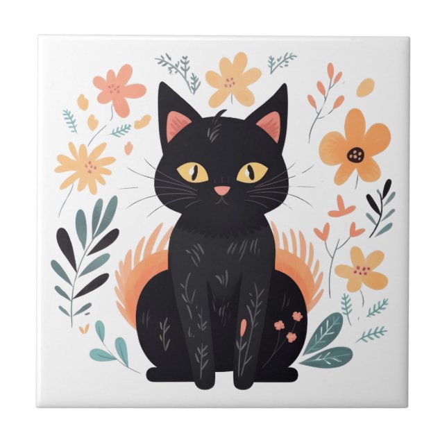 Boho Black Cat Scandinavian Folk Art Tile (Front)