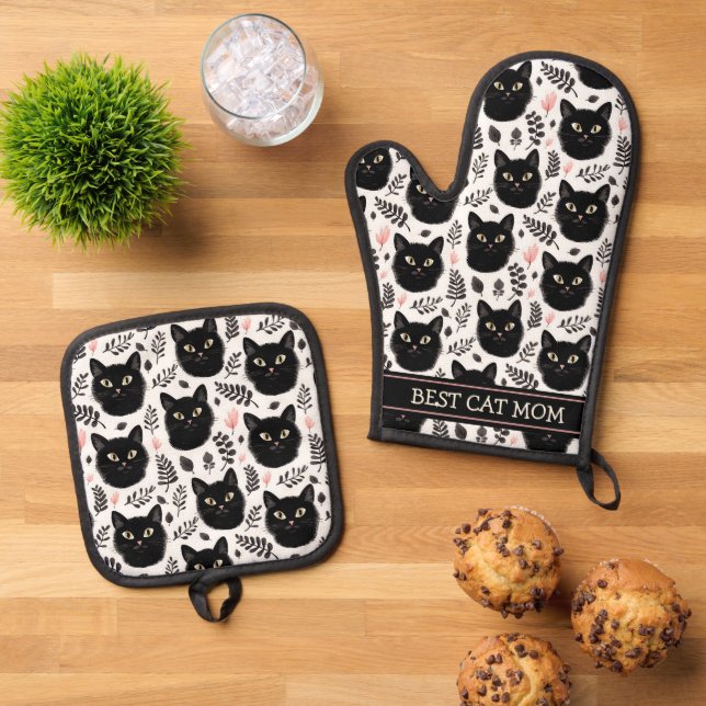 Boho Black Cats and Leaves Pattern Best Mom Oven Mitt & Pot Holder Set (Top Down)