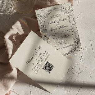 Boho Black Cream Floral Botanical QR Code Wedding Invitation