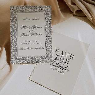 Boho Black Cream Floral Photo Botanical Wedding  Save The Date