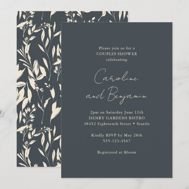 Boho Black Floral Elegant Minimalist Couple Shower Invitation (Front/Back)
