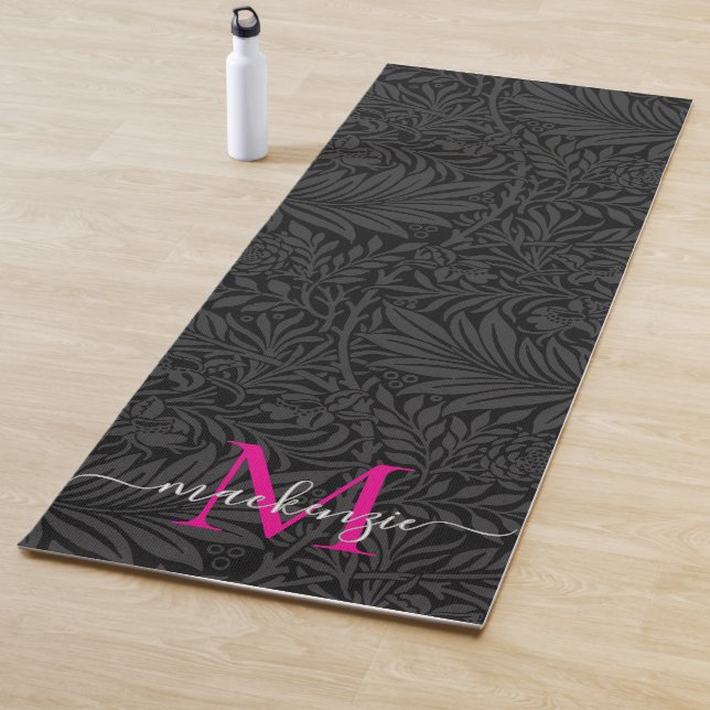 Boho Black Floral Hot Pink Monogram Name Yoga Mat (In Situ)