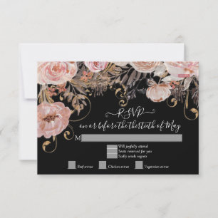 Boho Black Floral Pink Rose Gold RSVP Custom Back